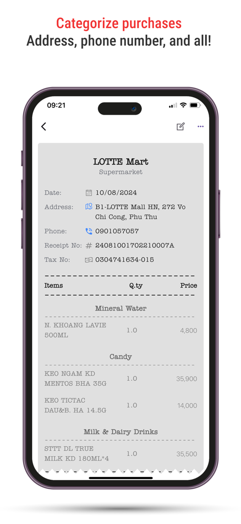 Receipt Pro: AI Scanner - Receipt Pro 앱에서 가맹점 정보와 품목별 목록이 포함된 디지털화된 식료품 영수증을 보여주는 스마트폰 화면