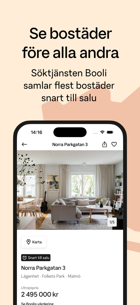 Booli app interface showing a property listing for an apartment in Malmo Sweden