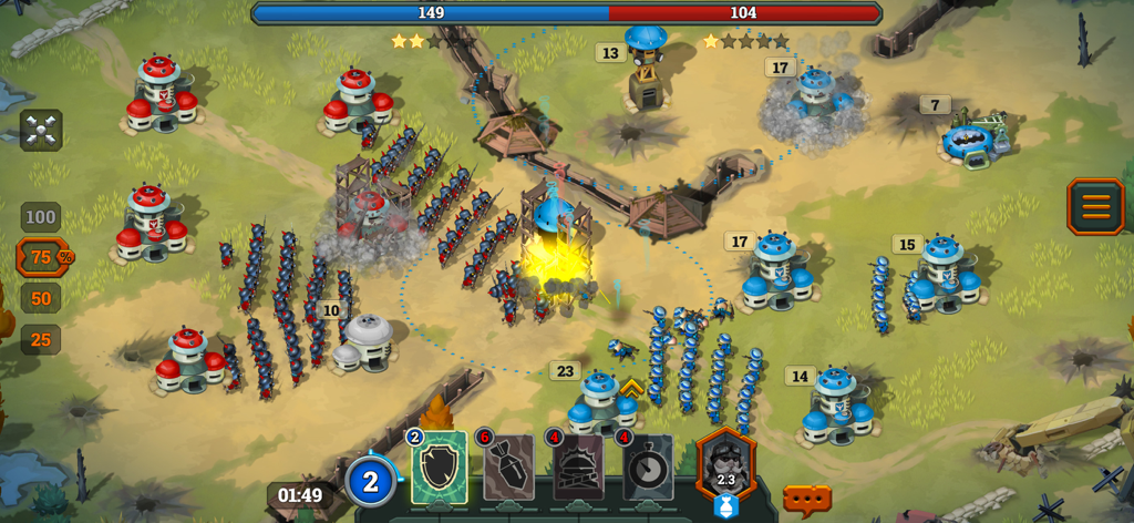 Bunker Wars: WW1 RTS - Jogabilidade de Bunker Wars WW1 RTS mostrando uma batalha tática entre exércitos vermelho e azul em um campo de guerra de trincheiras