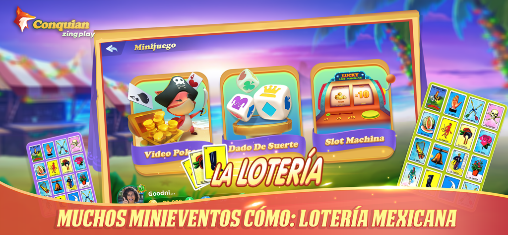Pantalla de minijuegos de la app ZingPlay Conquian mostrando Lotería Mexicana y Video Póker