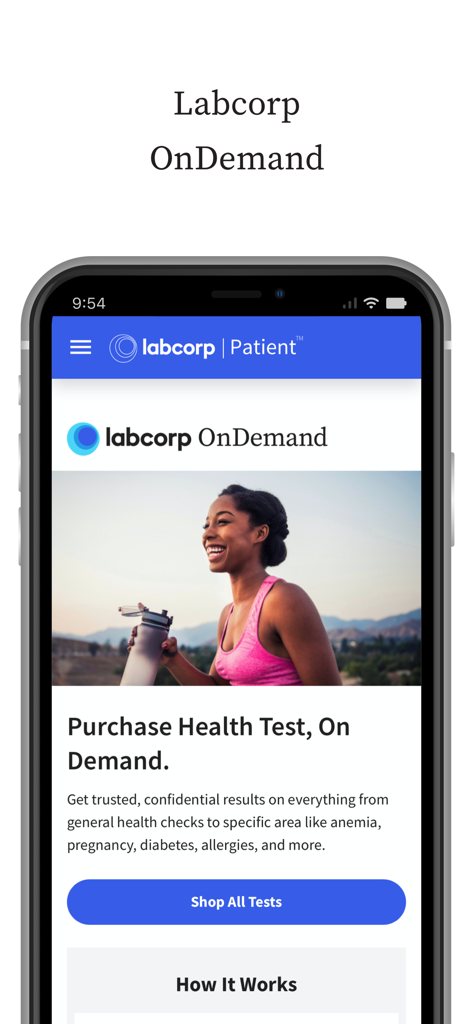Pantalla de la aplicación Labcorp Paciente para comprar pruebas de salud a pedido