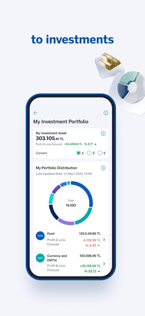 Painel do portfólio de investimentos do aplicativo Garanti BBVA Mobile mostrando o gráfico de distribuição de ativos e o rastreamento de lucros e perdas