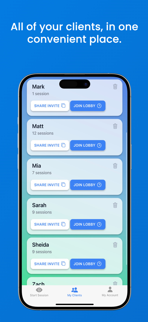 Teletherapy by Easy EMDR - Interfaz de aplicación móvil que muestra una lista de clientes de terapia con opciones para compartir invitaciones a sesiones y unirse a salas de espera virtuales