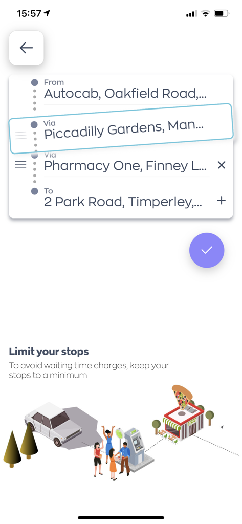 Interface da aplicação RoadRunners Gatwick mostrando um ecrã de reserva de viagem com várias paragens com um lembrete para limitar as paragens para evitar custos de tempo de espera.