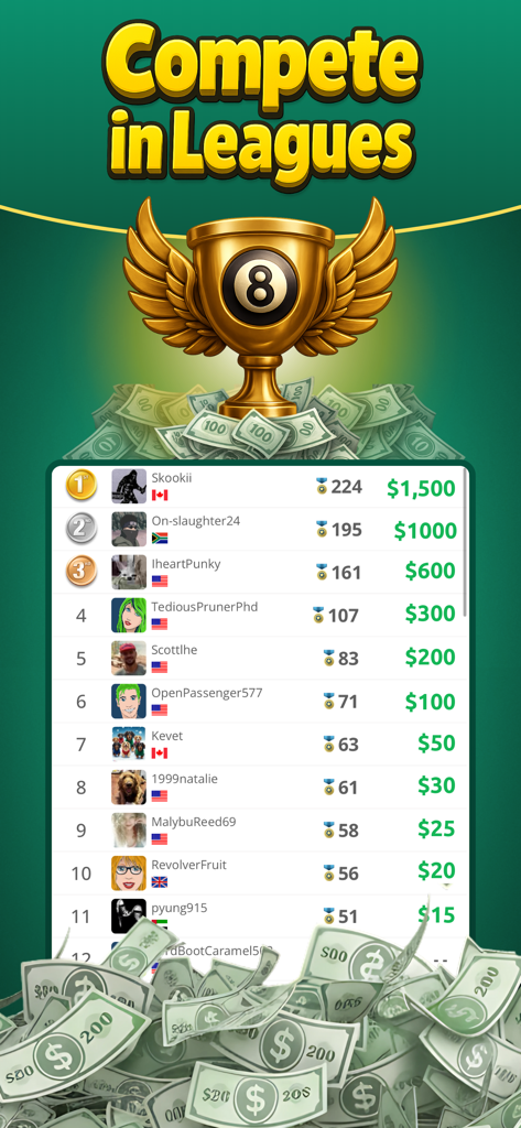 8 Ball Cash Real Money Pool - A leaderboard in the 8 Ball Cash app showing rankings and real money prizes for top players.