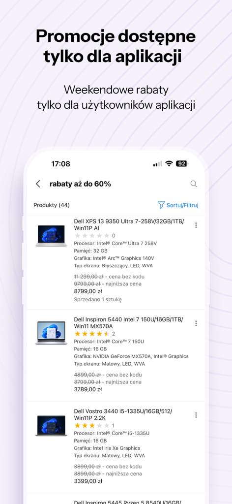 x-kom - inteligentny wybór - Un écran mobile montrant des réductions exclusives de week-end sur les ordinateurs portables Dell dans l'application x-kom