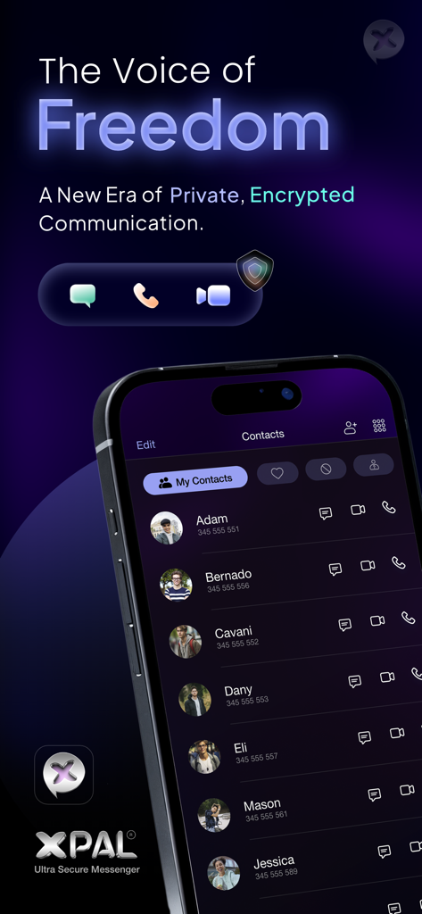 xPal Ultra Secure Messenger - xPal Ultra Secure Messenger mobile app interface displaying a list of contacts with encrypted messaging and calling options