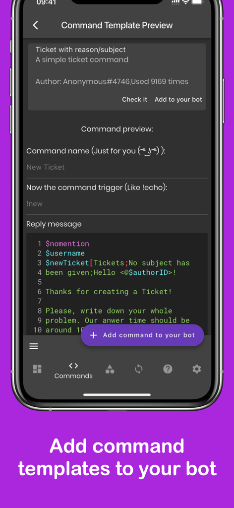 A preview of a Discord bot command template for a support ticket system inside the Bot Designer app