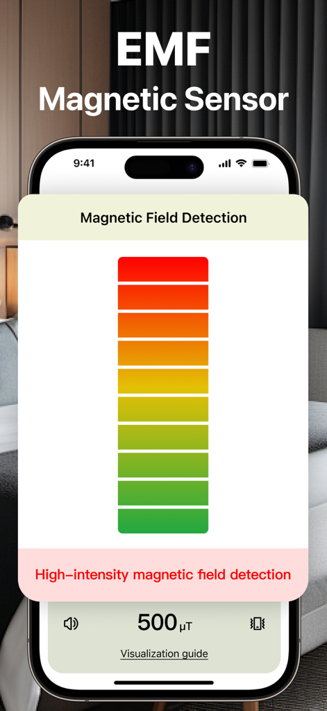 Find Cameras:Privacy Protector - Screenshot of the Find Cameras app displaying a high-intensity magnetic field detection reading of 500 microteslas with a color-coded bar chart.
