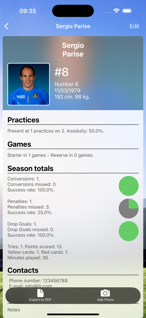 Assistant Coach Rugby - Rugby player profile screen showing seasonal statistics and player information