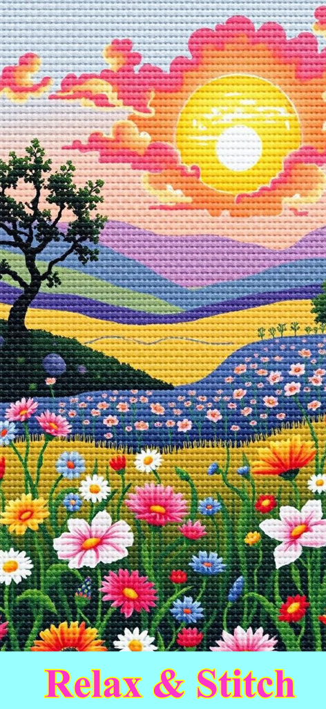 Cross Stitch Color by Number - Digital cross stitch landscape featuring flowers and a sunset with Relax and Stitch text
