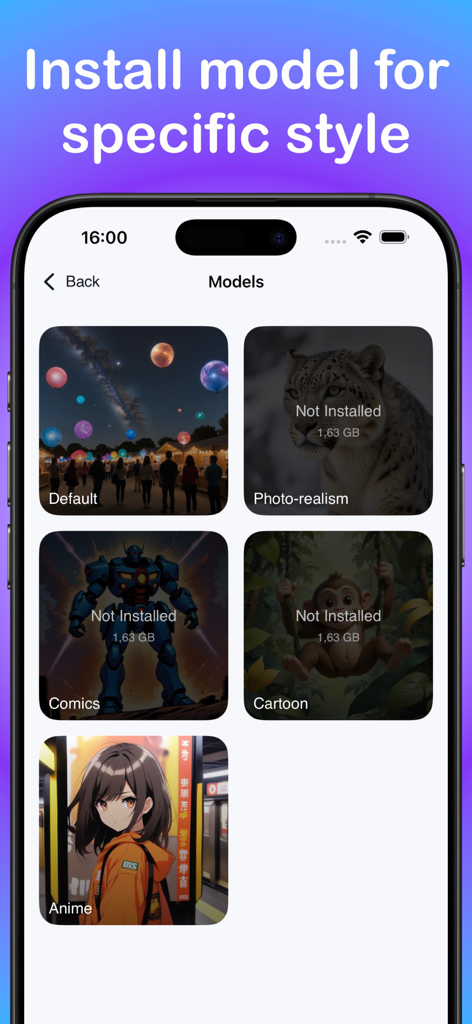 LocalGen app interface showing multiple downloadable AI models for different artistic styles including Photo-realism, Comics, and Anime