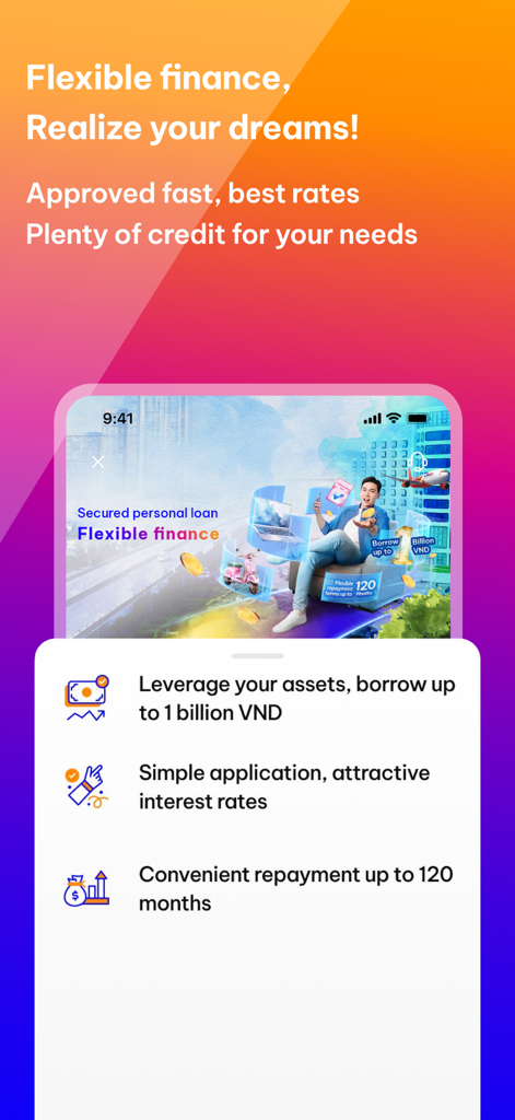 Vikki - Ngân hàng Số - Vikkiデジタルバンクアプリ画面、個人ローン機能と柔軟な金融オプションを表示