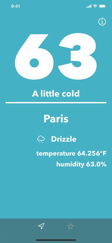 Feel - View weather comfort - Feel weather app displaying a comfort level of 63 for Paris with temperature and humidity details.