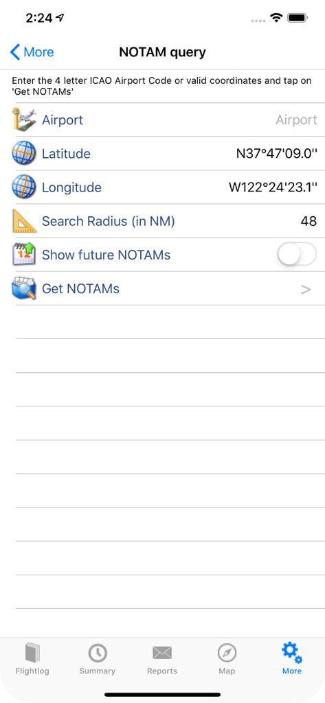 ROTAIR FlightLog - ROTAIR FlightLog NOTAM query screen showing latitude longitude and search radius settings