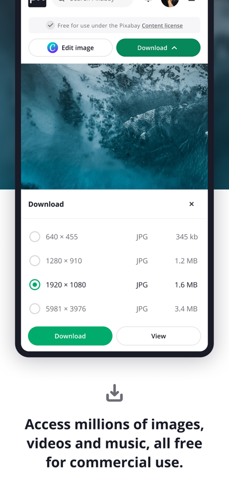 A mobile phone screen showing the Pixabay app interface with image resolution options for downloading a free stock photo.