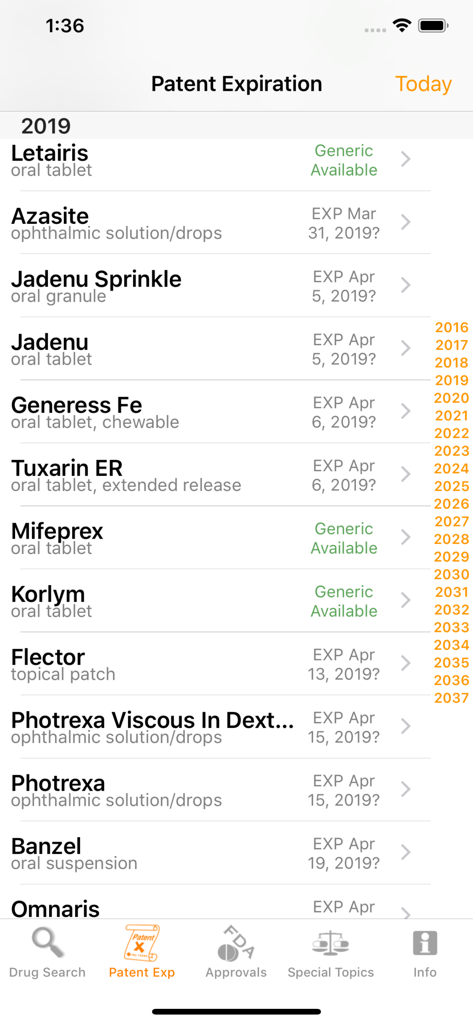 RxOrange - A list of brand name medications showing patent expiration dates and generic availability in the RxOrange mobile app