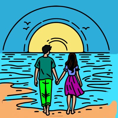 a couple walking on the beach at sun set