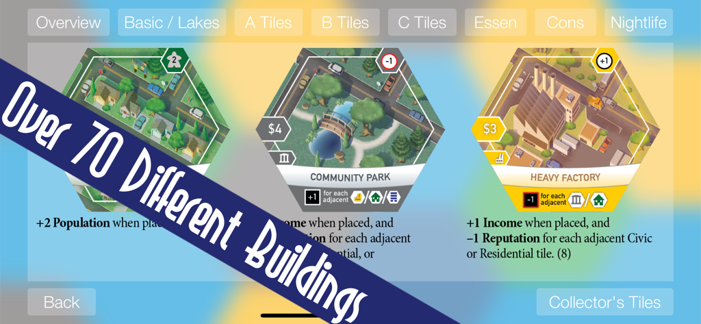 SUBURBIA City Building Game - Showcase of diverse building tiles including Community Park and Heavy Factory in the Suburbia City Building Game