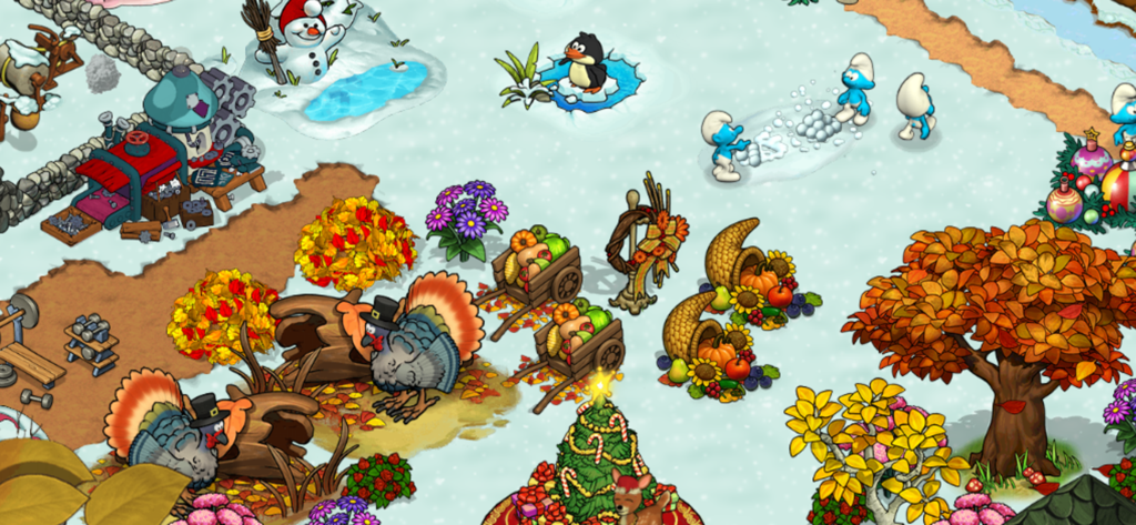 Pitufos en un prado de invierno nevado con decoraciones de cosecha y un árbol de Navidad