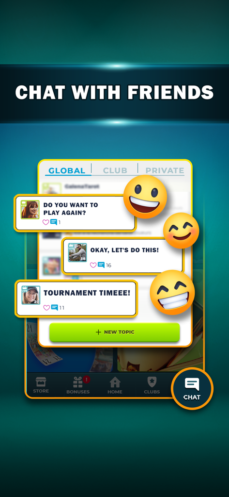 Interfaz de la aplicación VIP Tarot que muestra la sala de chat global con mensajes de jugadores y emojis