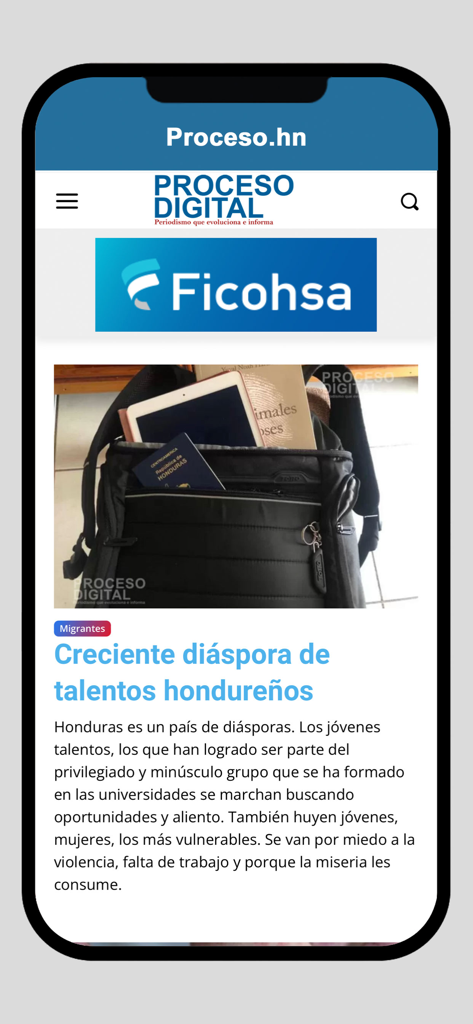 Proceso Digital App zeigt einen Nachrichtenartikel über die honduranische Diaspora.