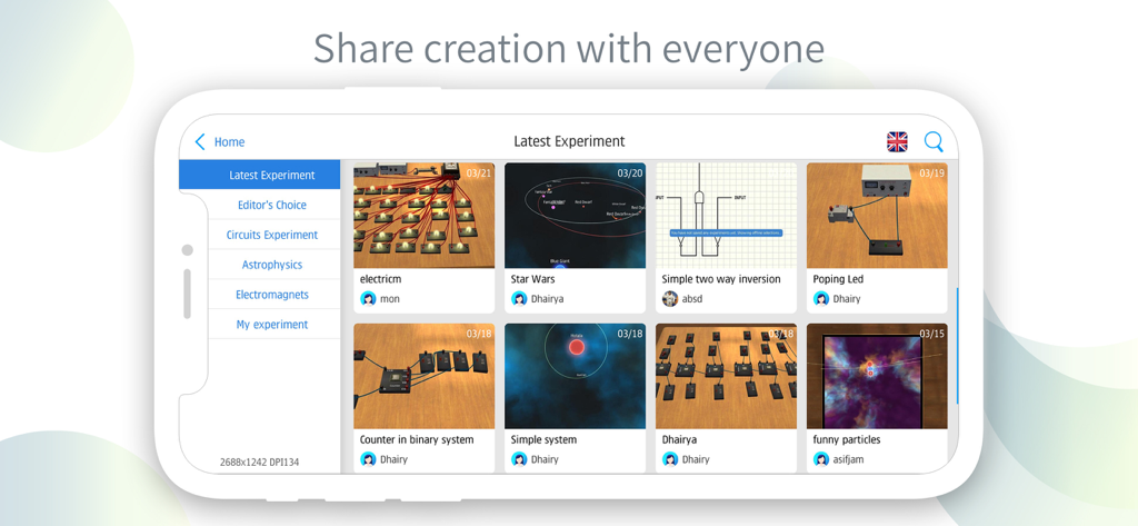 Physics Lab AR - Community gallery showing shared physics and astrophysics experiments from users.