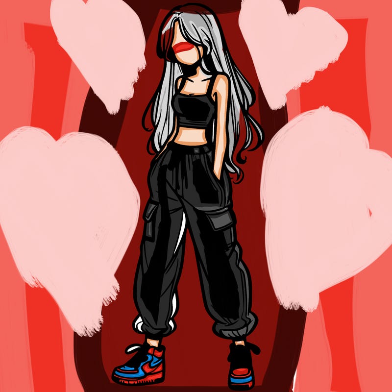 girl in baggy pants crop top and long hair