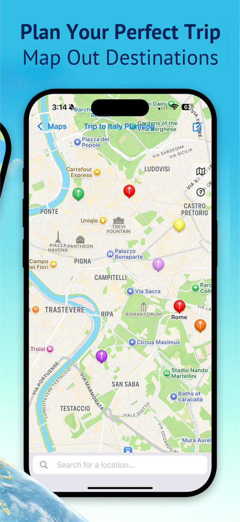 My Travel Map: Trip Tracker - Eine Reiseplanungskarte von Rom mit bunten Ziel-Pins in der Meine Reisekarte-App