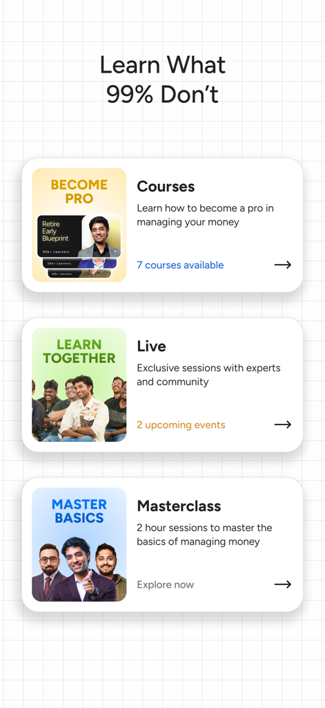 1% Club - Dashboard of the 1 percent Club app showing sections for financial courses, live expert sessions, and money management masterclasses.