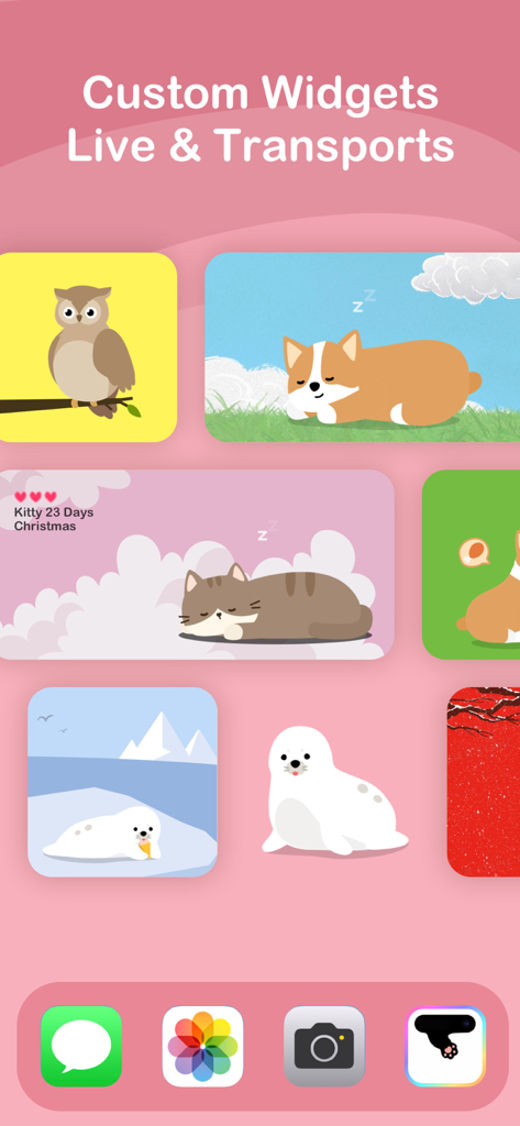 Cute pet: Self care pet widget - A collection of cute animal widgets for iPhone featuring an owl, a sleeping corgi, a cat, and a seal on a pink background.