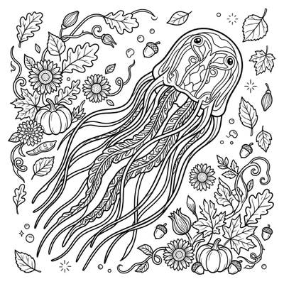 Explore a mesmerizing blend of marine life and seasonal beauty with our Box Jellyfish Autumn coloring page. This intricate design features a stylized jellyfish amidst a vibrant display of fall leaves, pumpkins, and sunflowers, perfect for a relaxing creative escape.