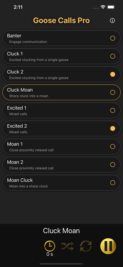 List of goose hunting sounds and playback controls in the Goose Calls Pro app