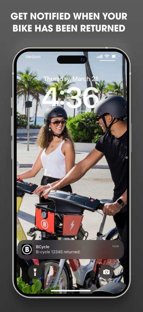 BCycle - Tela de bloqueio do iPhone mostrando uma notificação do aplicativo BCycle confirmando que uma bicicleta foi devolvida com sucesso