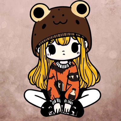 a girl wearing a frog hat and some frog socks