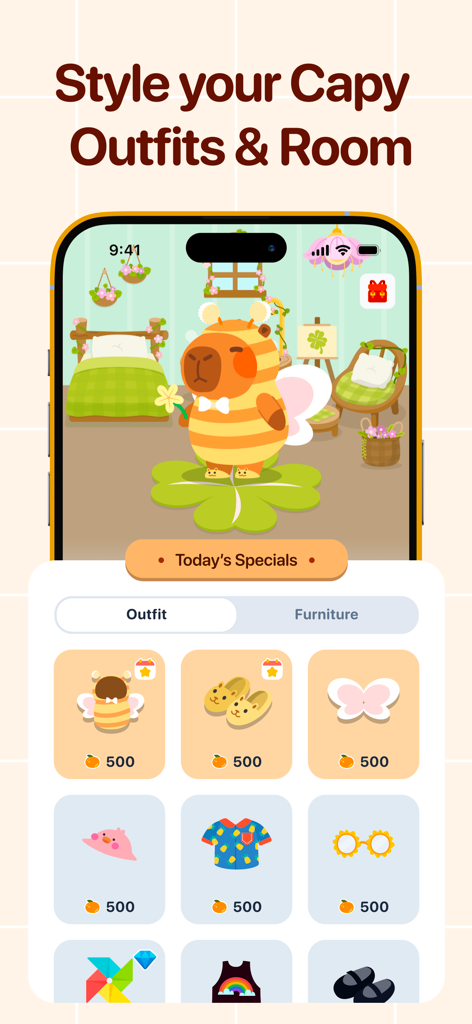 Capy: Self-Care Pet & Planner - Uma tela de personalização no aplicativo Capy mostrando várias roupas e itens de mobiliário para estilizar um pet capivara virtual