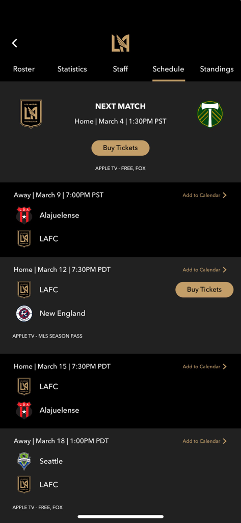 LAFC mobile app schedule screen showing upcoming home and away matches with ticket purchasing options