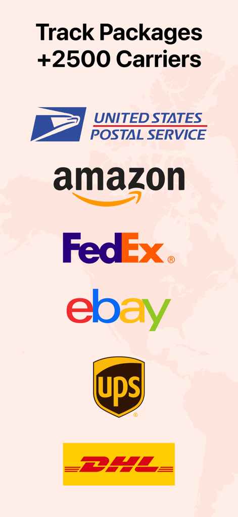 ParcelBox - Package Tracker - Lista de los principales transportistas y minoristas admitidos por ParcelBox, incluidos USPS, Amazon, FedEx, eBay, UPS y DHL