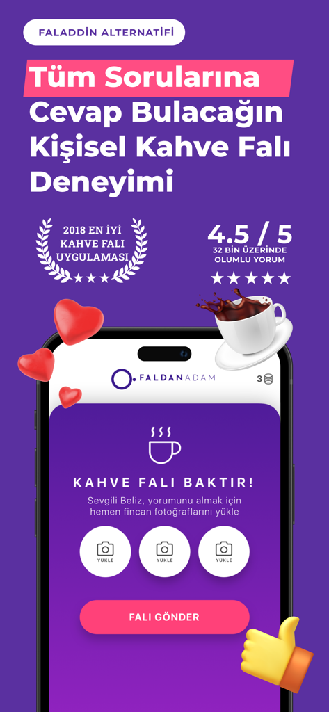 FaldanAdam mobile app screen for Turkish coffee reading with star ratings and photo upload