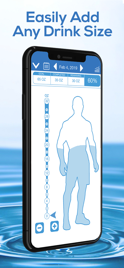 Daily Water Tracker Reminder - Interfaz de la aplicación Daily Water Tracker que muestra el objetivo de hidratación y el registro del tamaño de la bebida