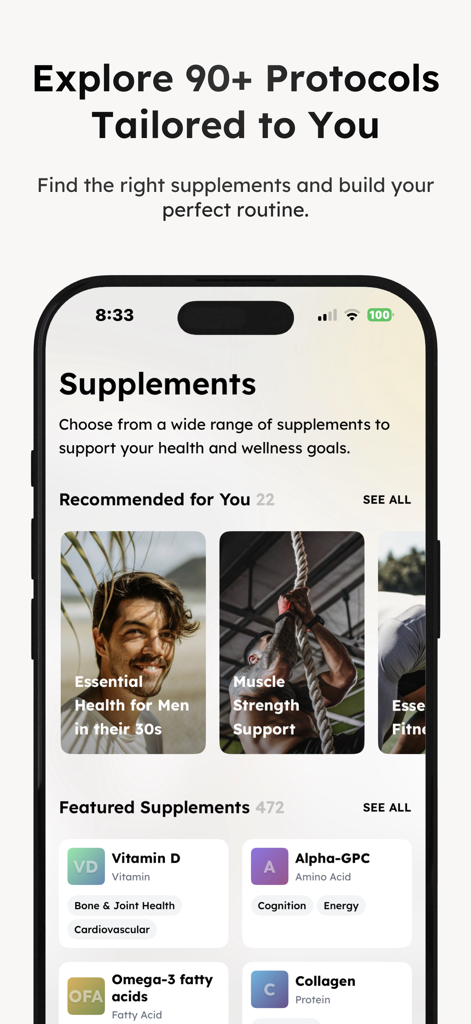 Interface de l'application SuppMate présentant des protocoles de santé personnalisés et des suppléments recommandés pour le biohacking et le bien-être.