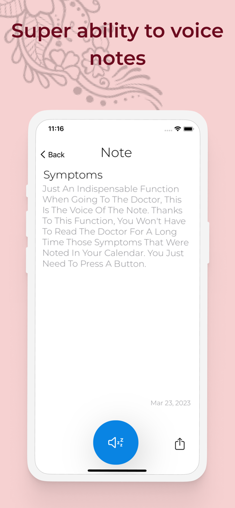 Period tracker : My Calendar - Period tracker app screen showing a voice note feature for recording menstrual symptoms.