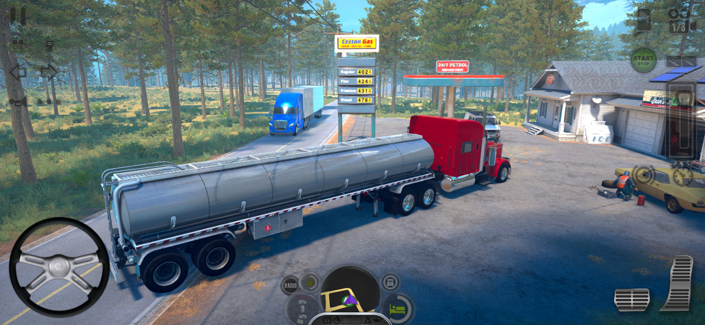 Truck Simulator USA Revolution - Camión semirremolque rojo con un remolque cisterna en una gasolinera rural