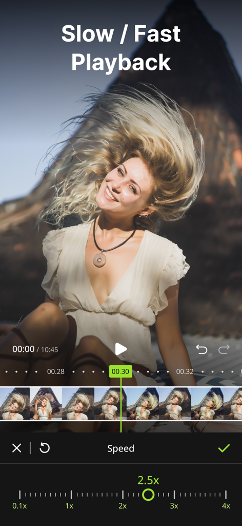 Reel Maker for Insta - BeatMix - Eine mobile Benutzeroberfläche für die BeatMix-App, die einen Geschwindigkeitseinstellschieberegler für langsame und schnelle Videowiedergabe zeigt.