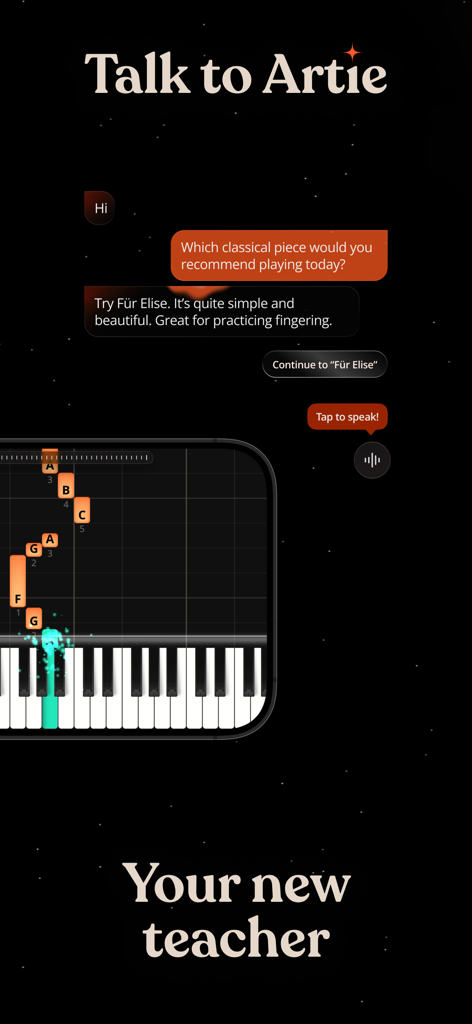 Interface of Artie piano app showing an AI chat recommendation and a gamified keyboard lesson for Fur Elise.