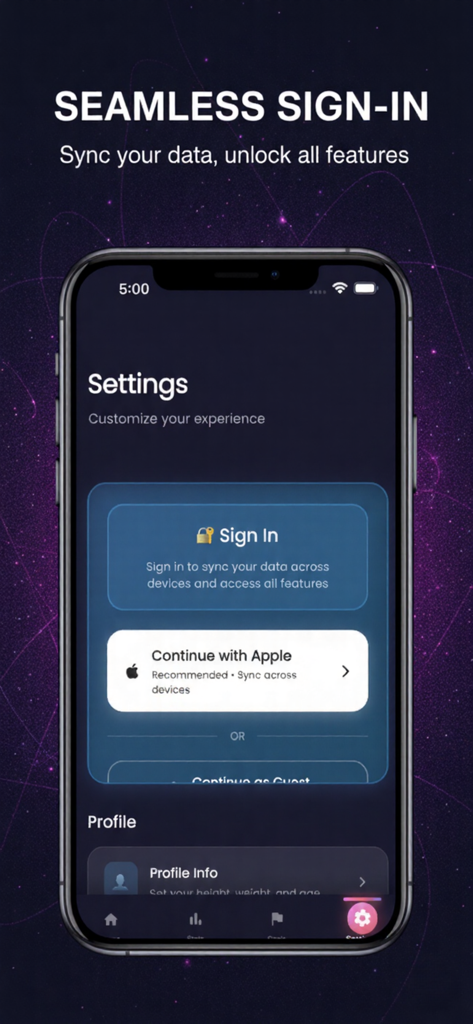 Steps - Pedometer - Settings screen of the Steps Pedometer app showing seamless sign in with Apple and guest mode option