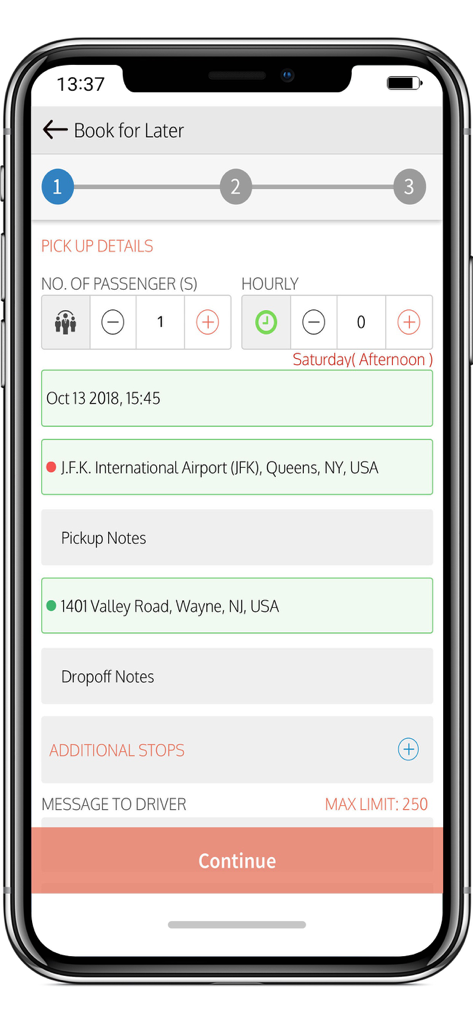 Executive Transport - Executive Transport app booking screen showing pickup and drop-off details for a corporate ride.