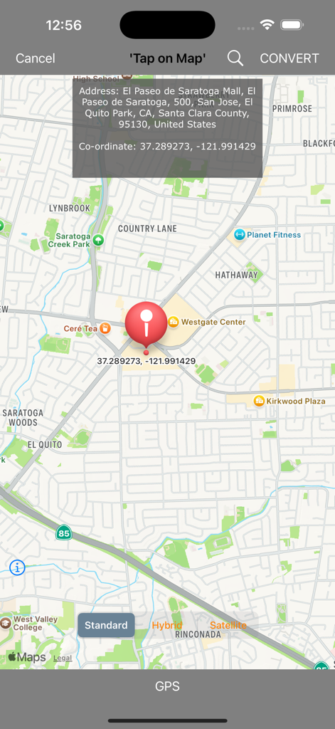 Coordinate Convertor Pro HD - Interface de l'application Coordinate Convertor Pro HD montrant une carte avec une épingle de localisation et des coordonnées géographiques.
