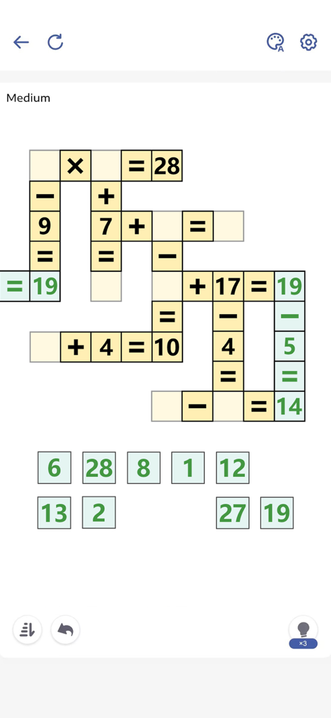A mathematical crossword puzzle grid from the Crossmath mobile app showing equations and number selection tiles.