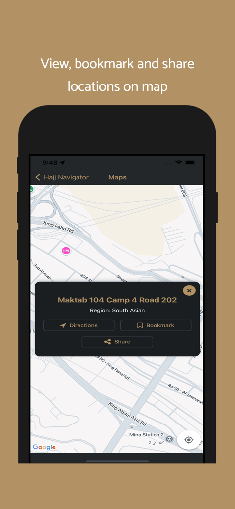 PHVG Hajj Navigator - Map view in the PHVG Hajj Navigator app showing a camp location with options to get directions bookmark and share